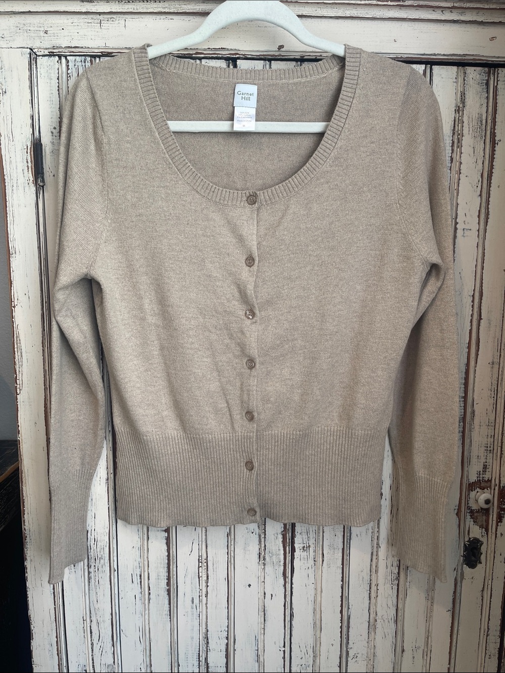 Garnet Hill Taupe Button-Front Scoop Neck Cardigan